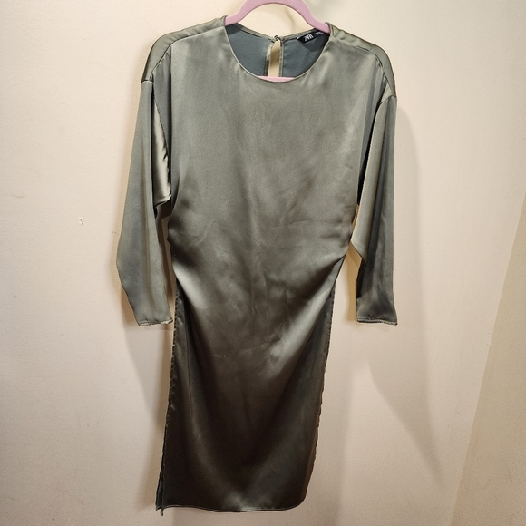 ZARA Olive Green Satin 3/4 Sleeve High Side Slits Midi Dress Top XS - Picture 8 of 13